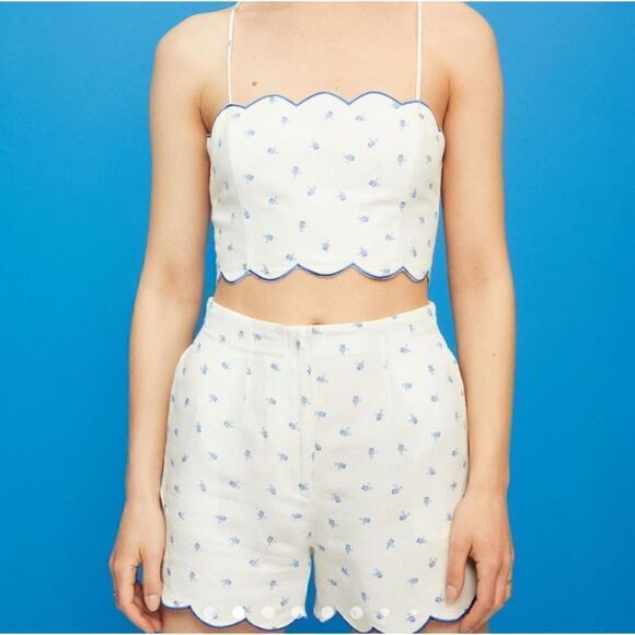 H&M White Blue Floral Linen Blend Top and Short Set 6/M - Picture 1 of 5